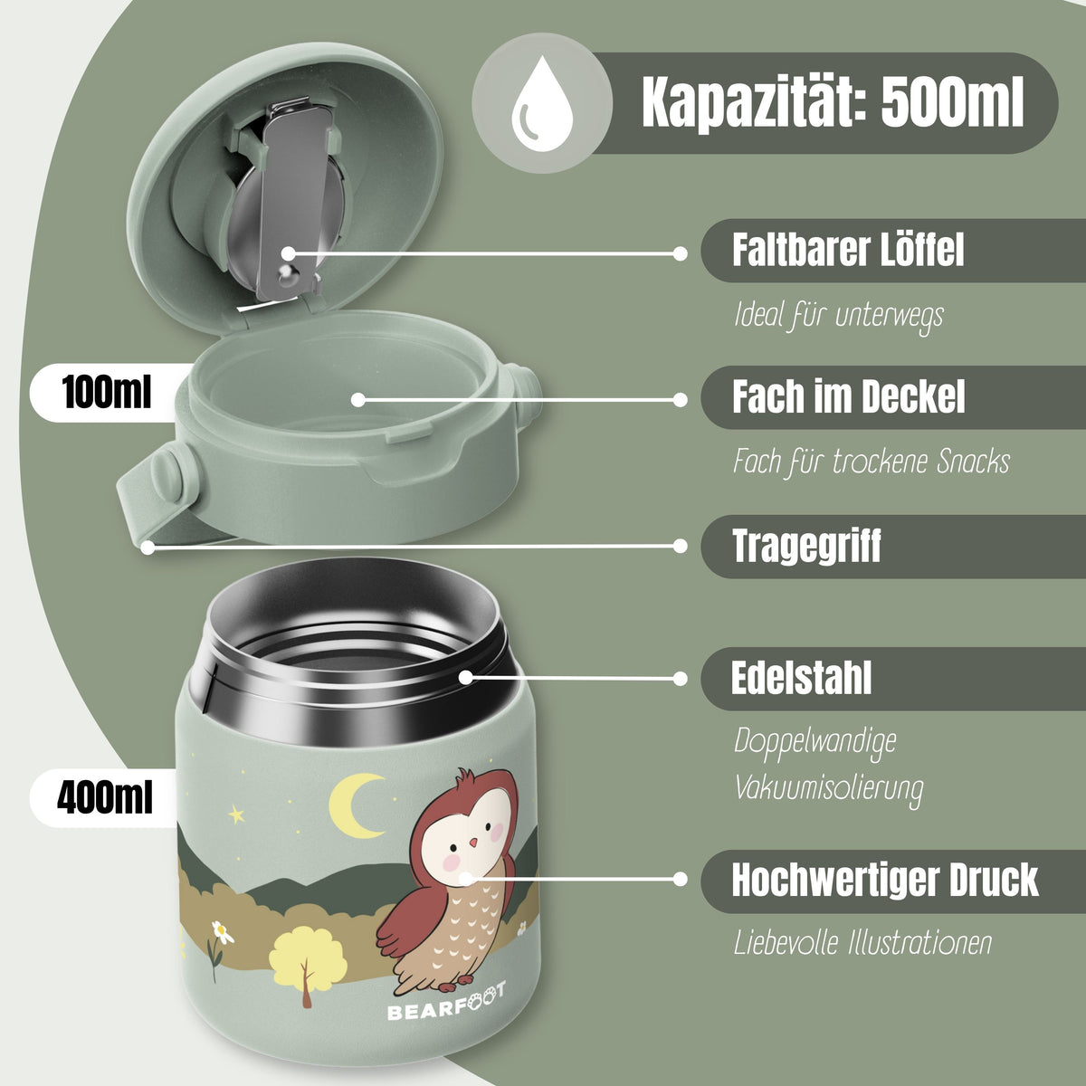 Bearfoot | Mattermos i Rustfritt Stål, 500 ml | Grønn, Ugle