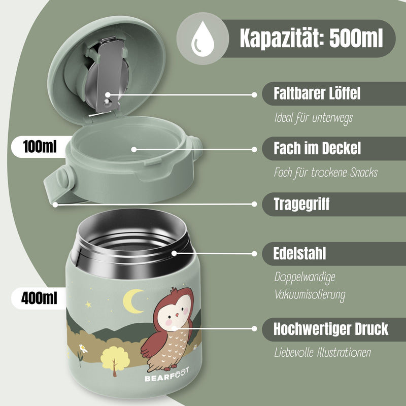 Bearfoot | Mattermos i Rustfritt Stål, 500 ml | Grønn, Ugle