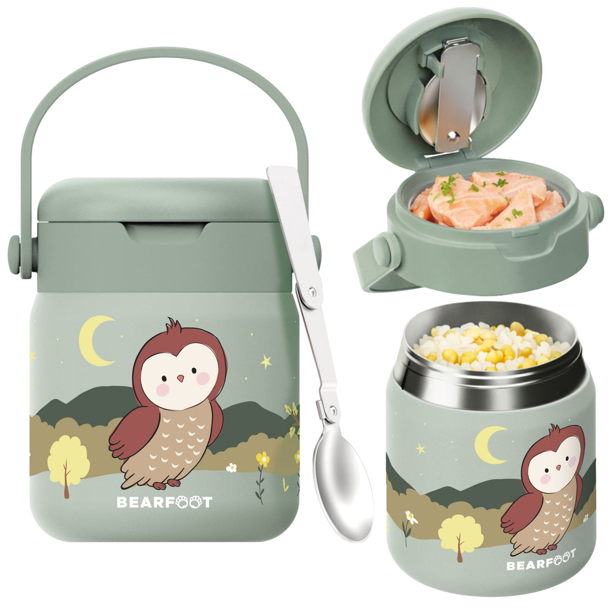 Bearfoot | Mattermos i Rustfritt Stål, 500 ml | Grønn, Ugle