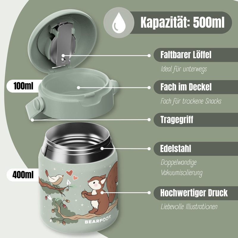 Bearfoot | Mattermos i Rustfritt Stål, 500 ml | Grønn, Ekorn