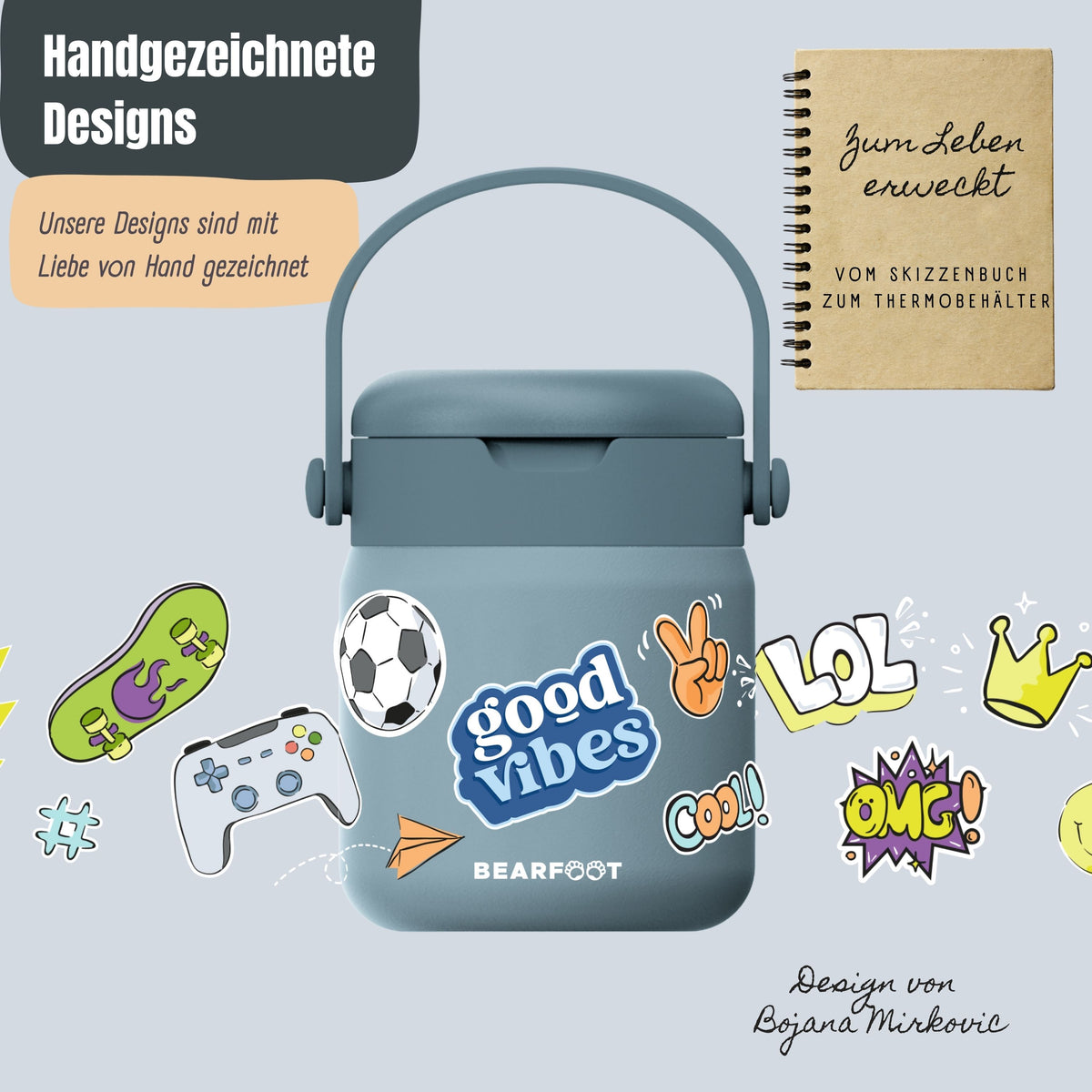 Bearfoot | Mattermos i Rustfritt Stål, 500 ml | Blå, "Stickers"