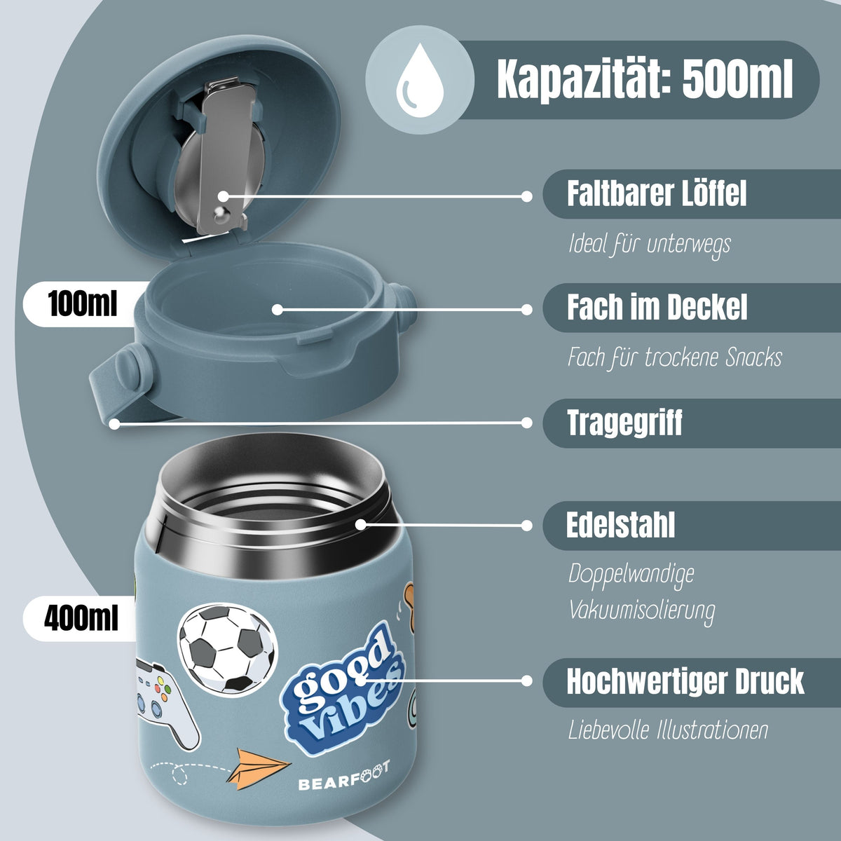 Bearfoot | Mattermos i Rustfritt Stål, 500 ml | Blå, "Stickers"