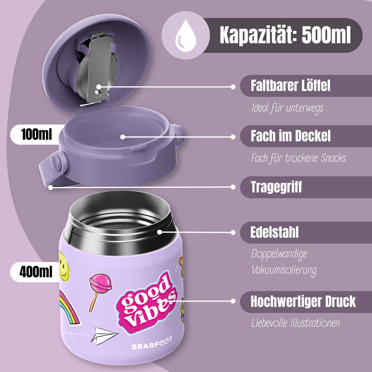 Bearfoot | Mattermos i Rustfritt Stål, 500 ml | Lilla, "Stickers"
