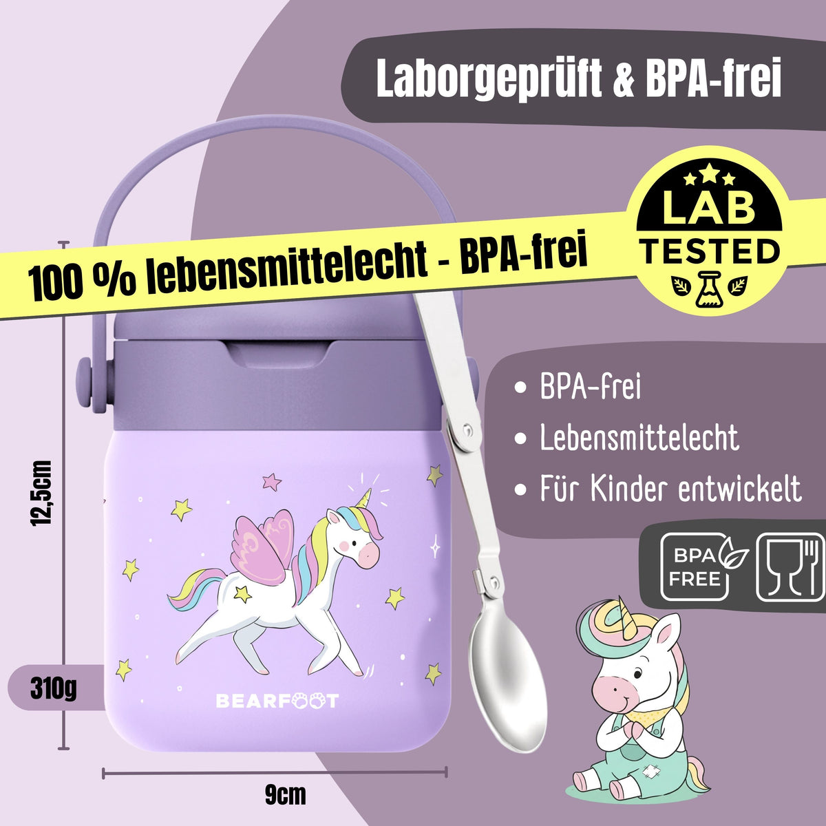 Bearfoot | Mattermos i Rustfritt Stål, 500 ml | Lilla, Enhjørning