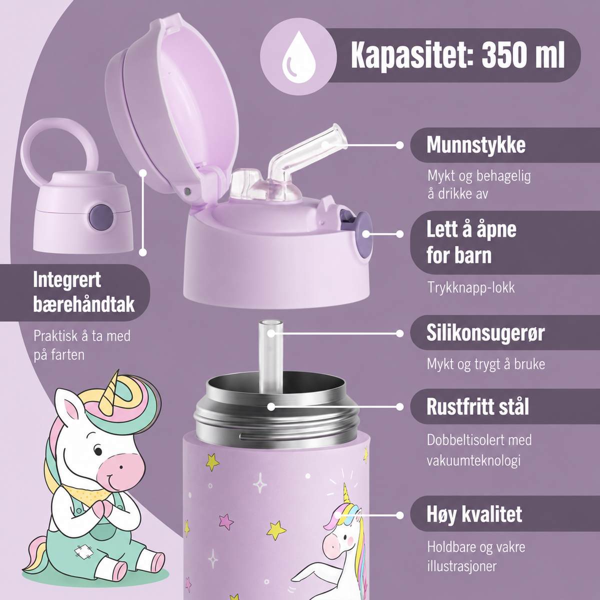 Bearfoot | Drikkeflaske i Rustfritt Stål, Isolert, 350 ml - Plastfri i Matkontakt | Lilla, Enhjørning