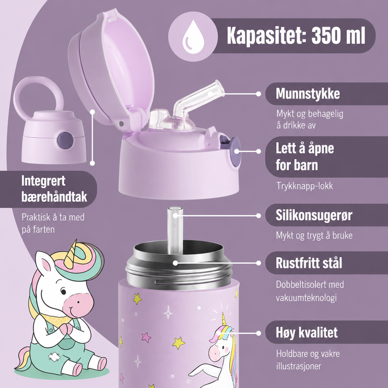 Bearfoot | Drikkeflaske i Rustfritt Stål, Isolert, 350 ml - Plastfri i Matkontakt | Lilla, Enhjørning