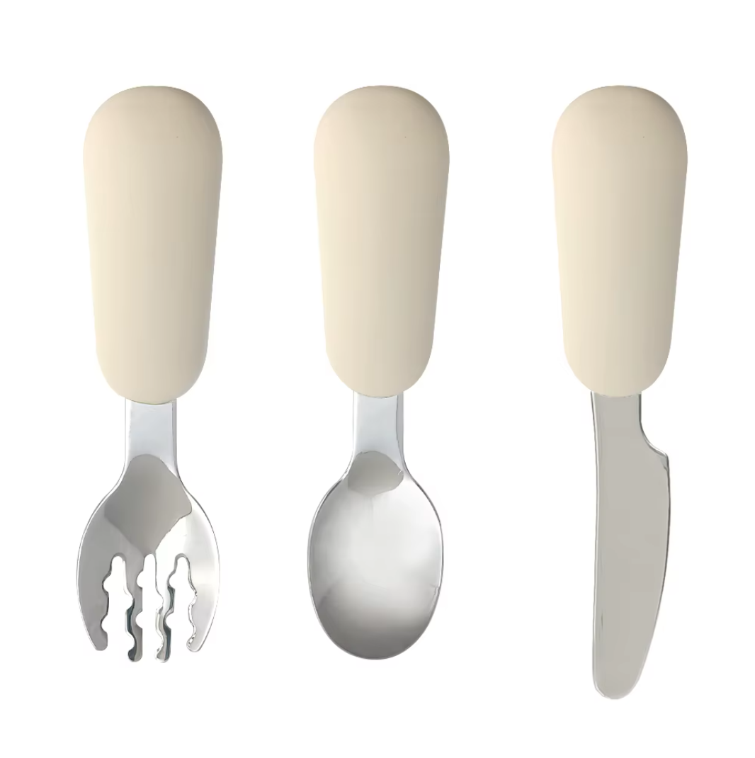 piips | Bestikksett i Rustfritt Stål og Silikon, for Baby og Barn, 3 deler | Beige