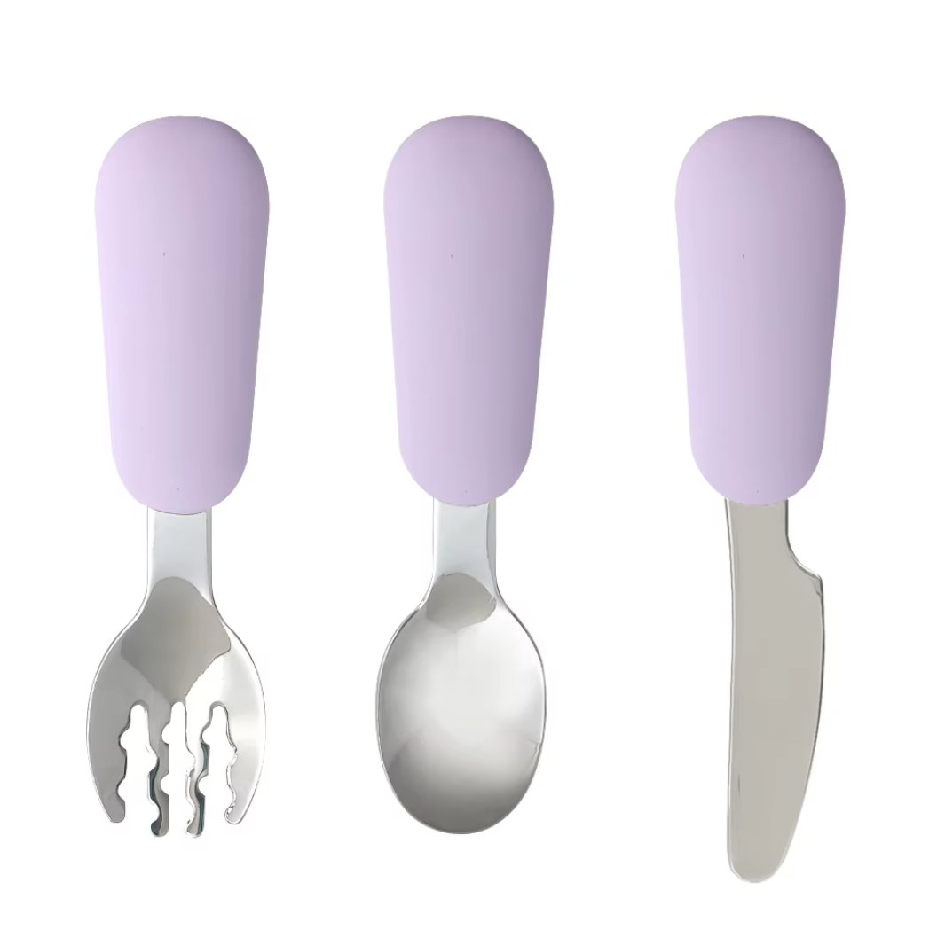 piips | Bestikksett i Rustfritt Stål og Silikon, for Baby og Barn, 3 deler | Lavendel