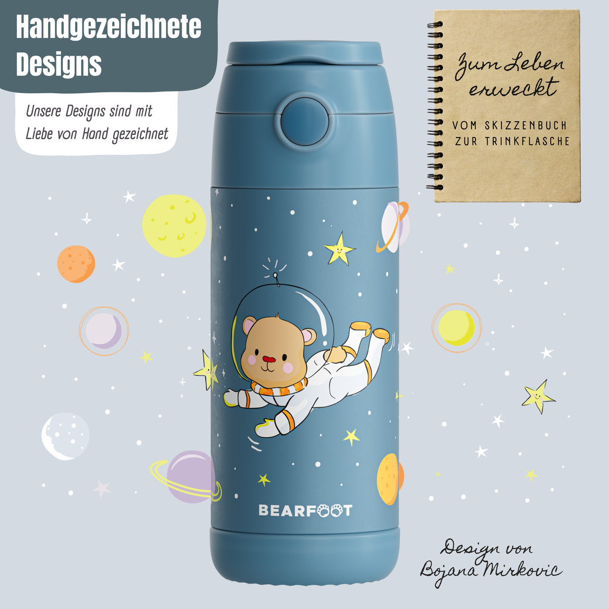 Bearfoot | Drikkeflaske i Rustfritt Stål, Isolert, 350 ml - Plastfri i Matkontakt | Blå, Astro-Bjørn