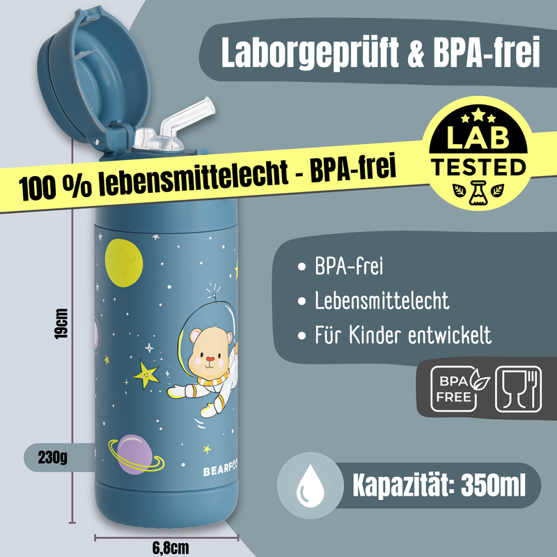Bearfoot | Drikkeflaske i Rustfritt Stål, Isolert, 350 ml - Plastfri i Matkontakt | Blå, Astro-Bjørn