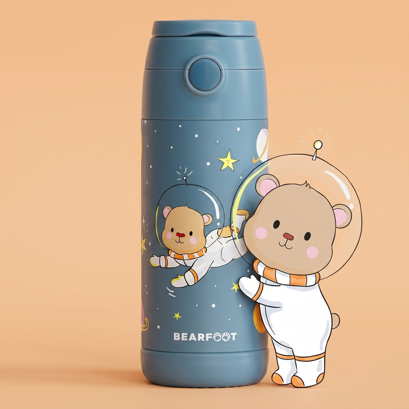 Bearfoot | Drikkeflaske i Rustfritt Stål, Isolert, 350 ml - Plastfri i Matkontakt | Blå, Astro-Bjørn