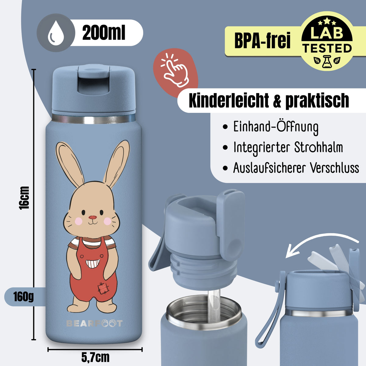 Bearfoot | Drikkeflaske i Rustfritt Stål, Isolert, TINY 200 ml | Blå, Kanin Brannbil
