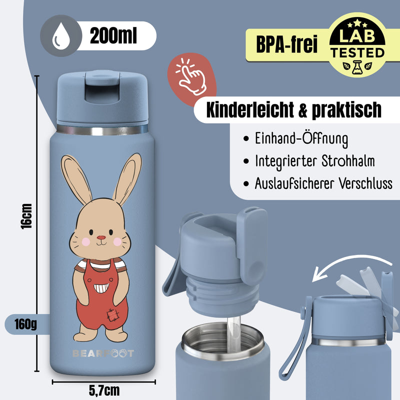 Bearfoot | Drikkeflaske i Rustfritt Stål, Isolert, TINY 200 ml | Blå, Kanin Brannbil