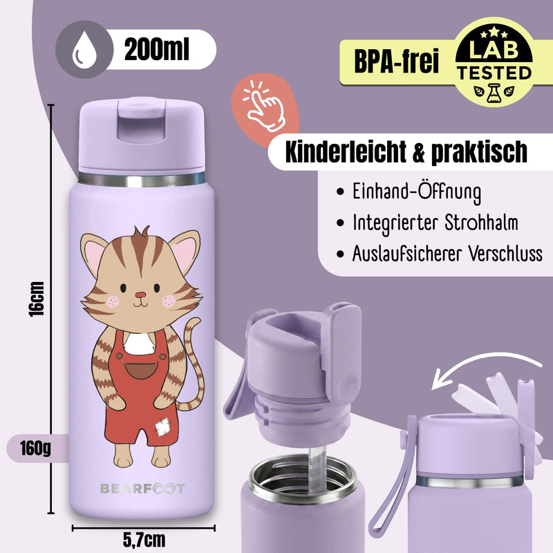 Bearfoot | Drikkeflaske i Rustfritt Stål, Isolert, TINY 200 ml | Lilla, Katt