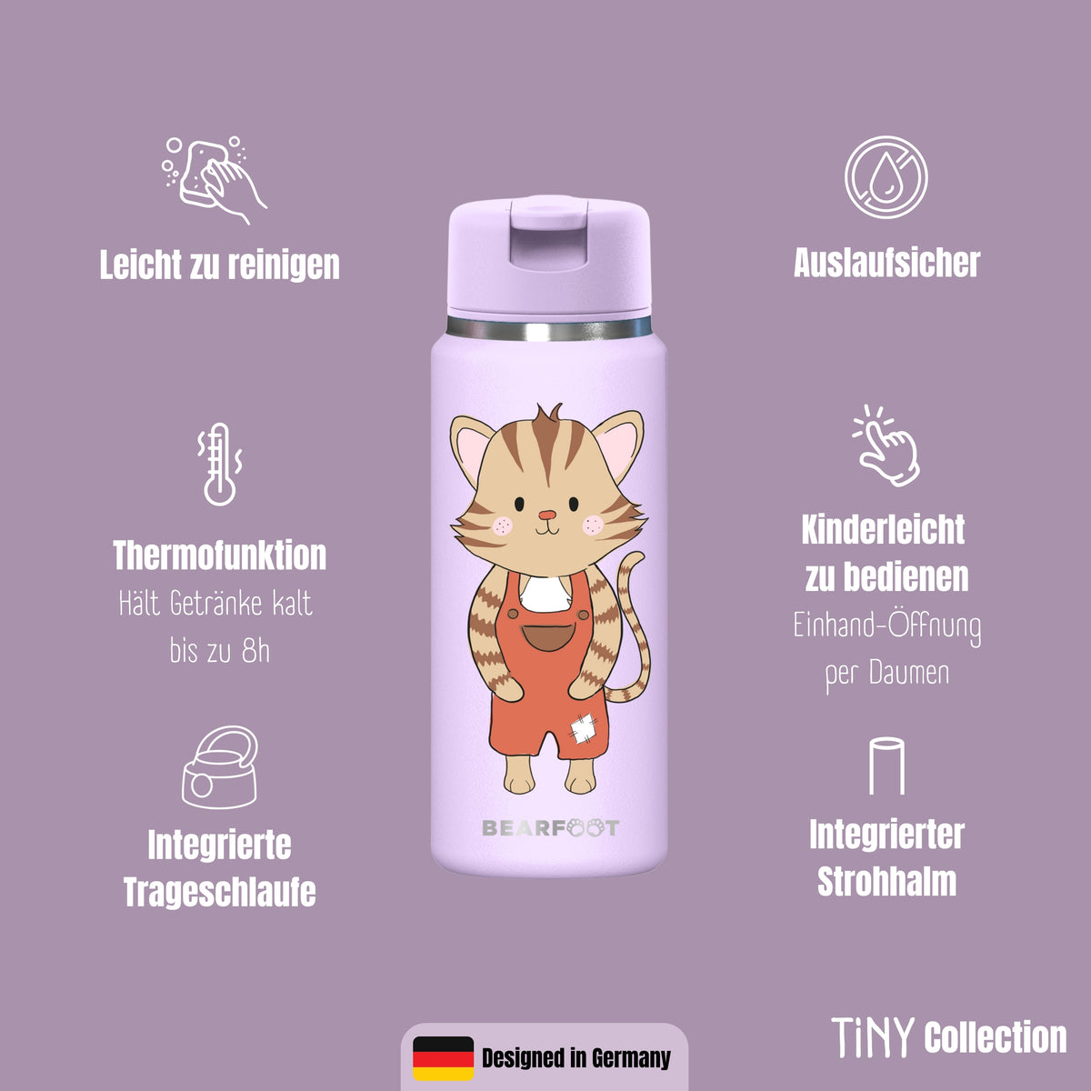 Bearfoot | Drikkeflaske i Rustfritt Stål, Isolert, TINY 200 ml | Lilla, Katt