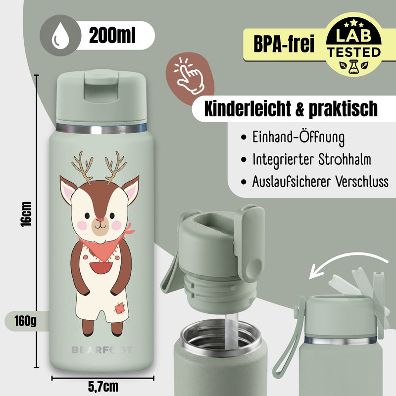 Bearfoot | Drikkeflaske i Rustfritt Stål, Isolert, TINY 200 ml | Grønn, Hjort
