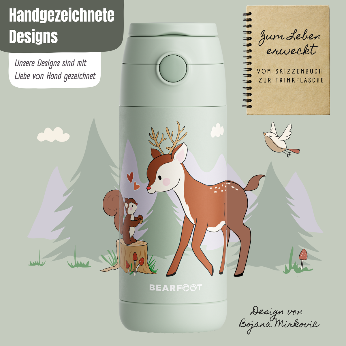 Bearfoot | Drikkeflaske i Rustfritt Stål, Isolert, 350 ml - Plastfri i Matkontakt | Grønn, Hjort