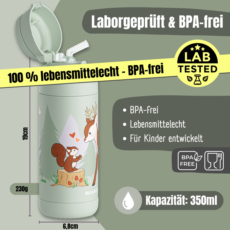 Bearfoot | Drikkeflaske i Rustfritt Stål, Isolert, 350 ml - Plastfri i Matkontakt | Grønn, Hjort