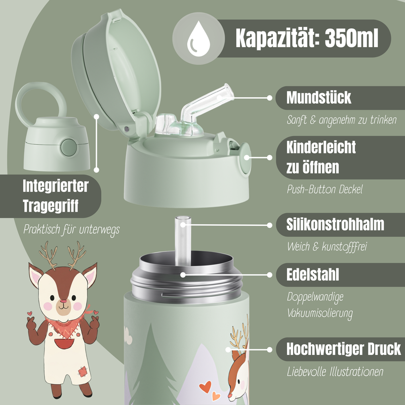 Bearfoot | Drikkeflaske i Rustfritt Stål, Isolert, 350 ml - Plastfri i Matkontakt | Grønn, Hjort