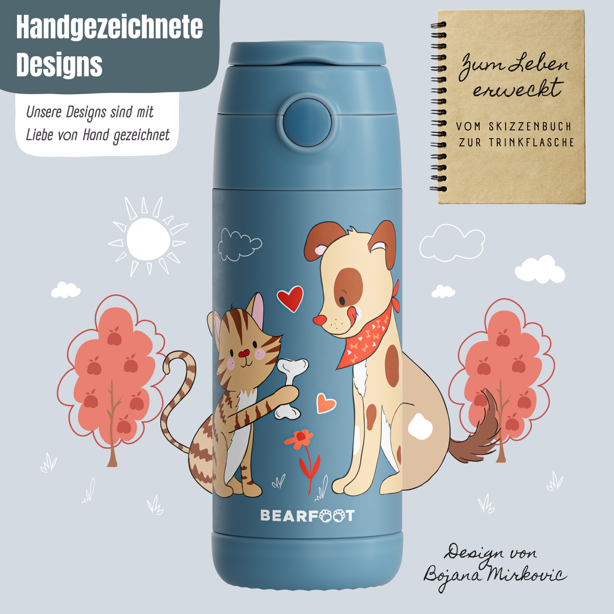 Bearfoot | Drikkeflaske i Rustfritt Stål, Isolert, 350 ml - Plastfri i Matkontakt | Blå, Hund & Katt