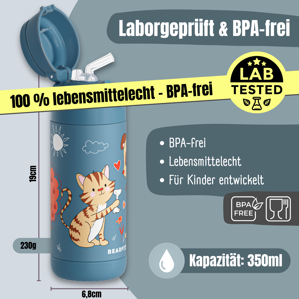 Bearfoot | Drikkeflaske i Rustfritt Stål, Isolert, 350 ml - Plastfri i Matkontakt | Blå, Hund & Katt