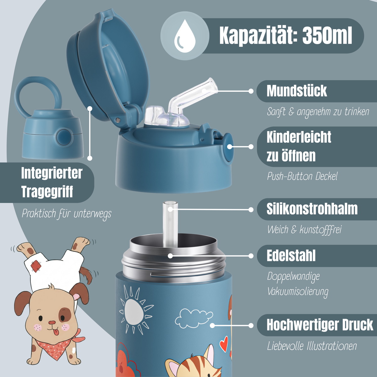 Bearfoot | Drikkeflaske i Rustfritt Stål, Isolert, 350 ml - Plastfri i Matkontakt | Blå, Hund & Katt