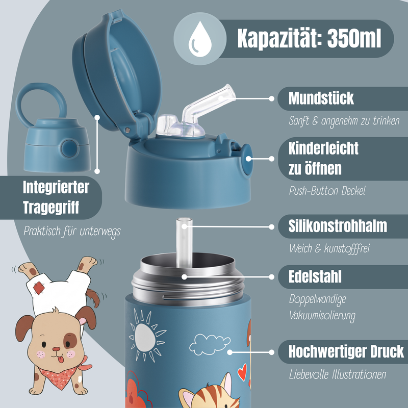 Bearfoot | Drikkeflaske i Rustfritt Stål, Isolert, 350 ml - Plastfri i Matkontakt | Blå, Hund & Katt
