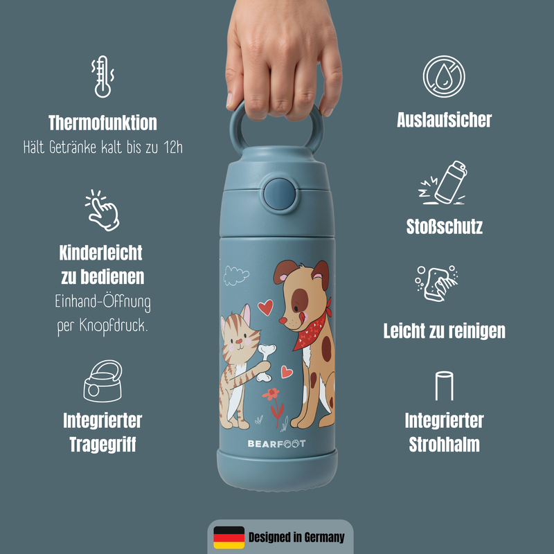 Bearfoot | Drikkeflaske i Rustfritt Stål, Isolert, 350 ml - Plastfri i Matkontakt | Blå, Hund & Katt