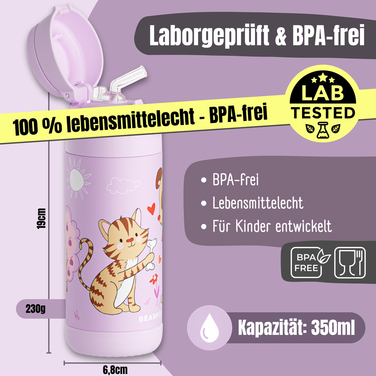 Bearfoot | Drikkeflaske i Rustfritt Stål, Isolert, 350 ml - Plastfri i Matkontakt | Lilla, Hund & Katt