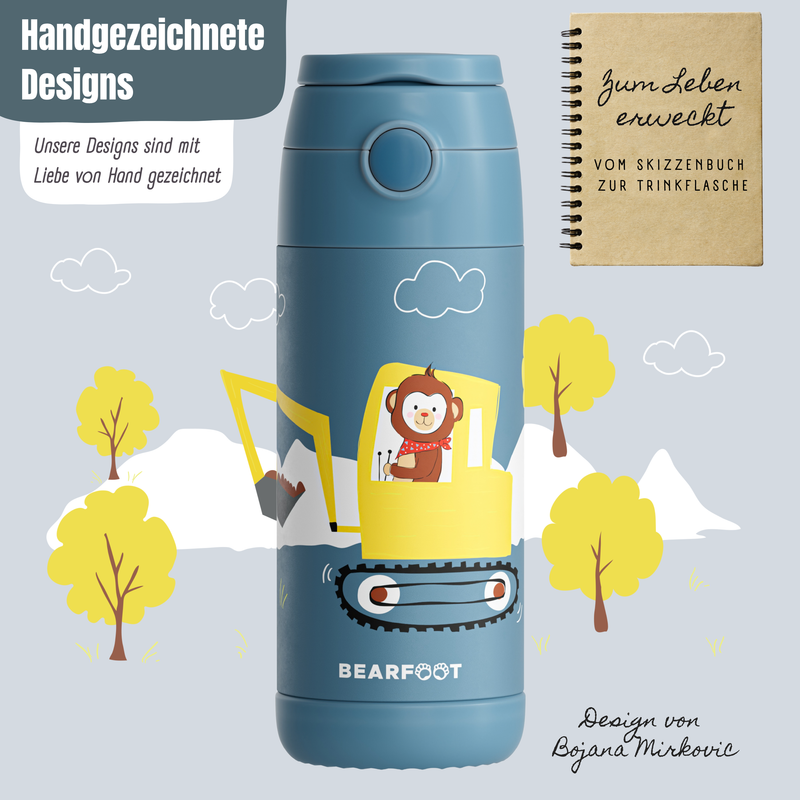 Bearfoot | Drikkeflaske i Rustfritt Stål, Isolert, 350 ml - Plastfri i Matkontakt | Blå, Apekatt i Gravemaskin