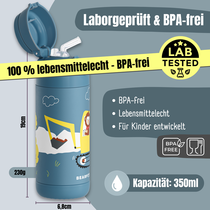 Bearfoot | Drikkeflaske i Rustfritt Stål, Isolert, 350 ml - Plastfri i Matkontakt | Blå, Apekatt i Gravemaskin