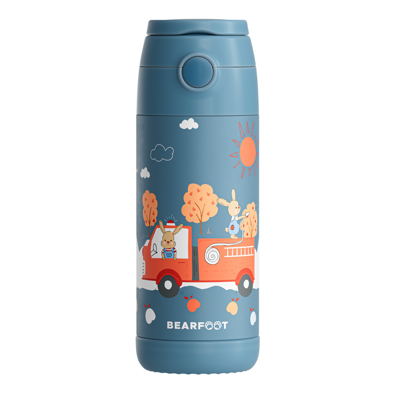 Bearfoot | Drikkeflaske i Rustfritt Stål, Isolert, 350 ml - Plastfri i Matkontakt | Blå, Kanin i Brannbil