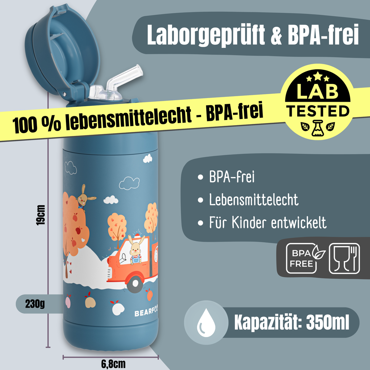 Bearfoot | Drikkeflaske i Rustfritt Stål, Isolert, 350 ml - Plastfri i Matkontakt | Blå, Kanin i Brannbil