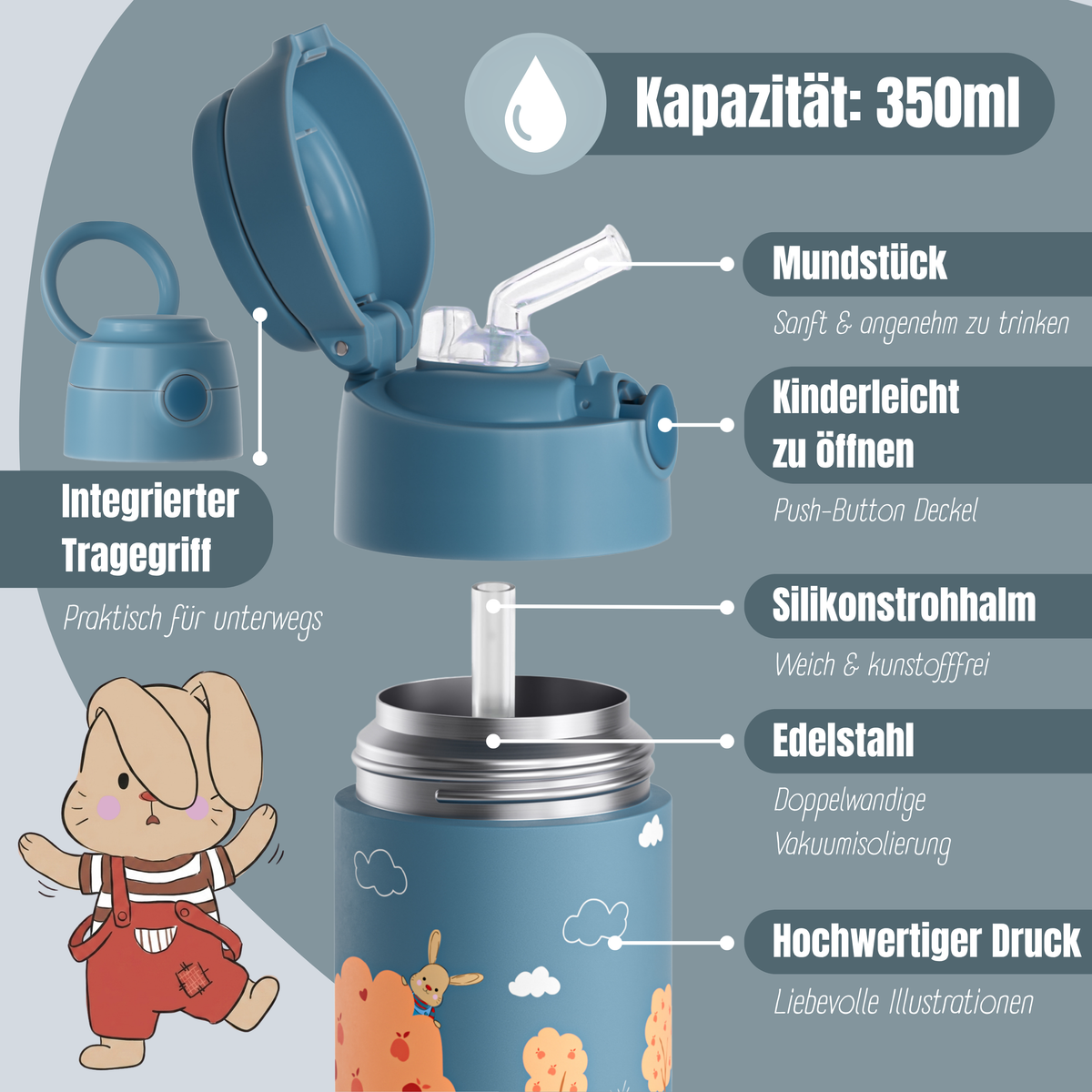 Bearfoot | Drikkeflaske i Rustfritt Stål, Isolert, 350 ml - Plastfri i Matkontakt | Blå, Kanin i Brannbil