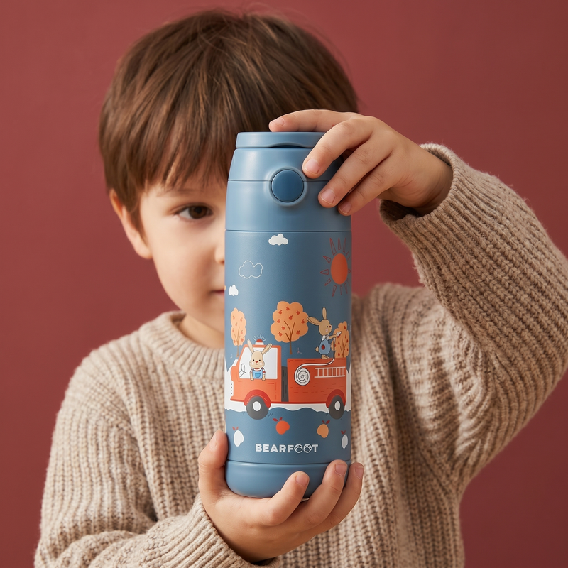 Bearfoot | Drikkeflaske i Rustfritt Stål, Isolert, 350 ml - Plastfri i Matkontakt | Blå, Kanin i Brannbil