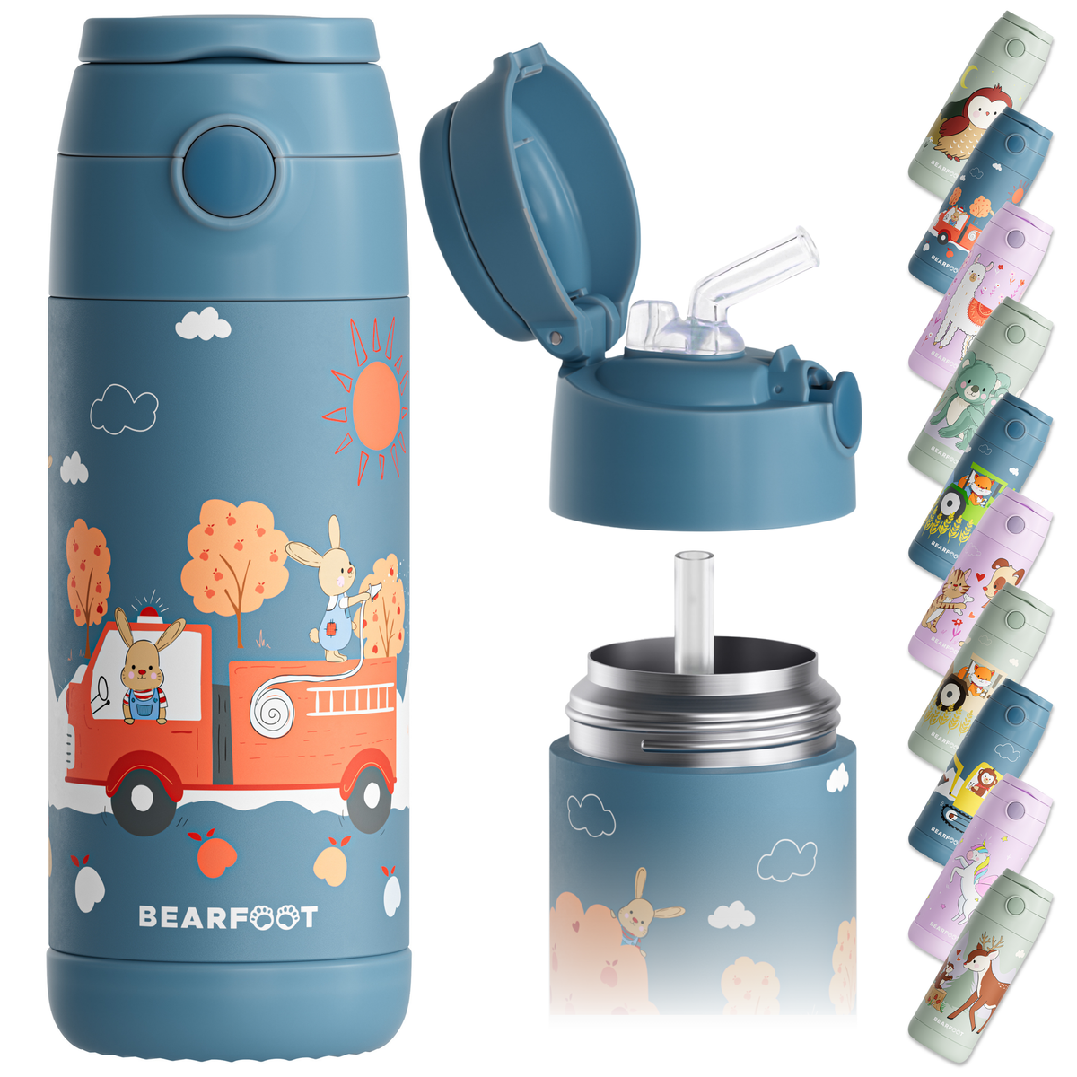 Bearfoot | Drikkeflaske i Rustfritt Stål, Isolert, 350 ml - Plastfri i Matkontakt | Blå, Kanin i Brannbil