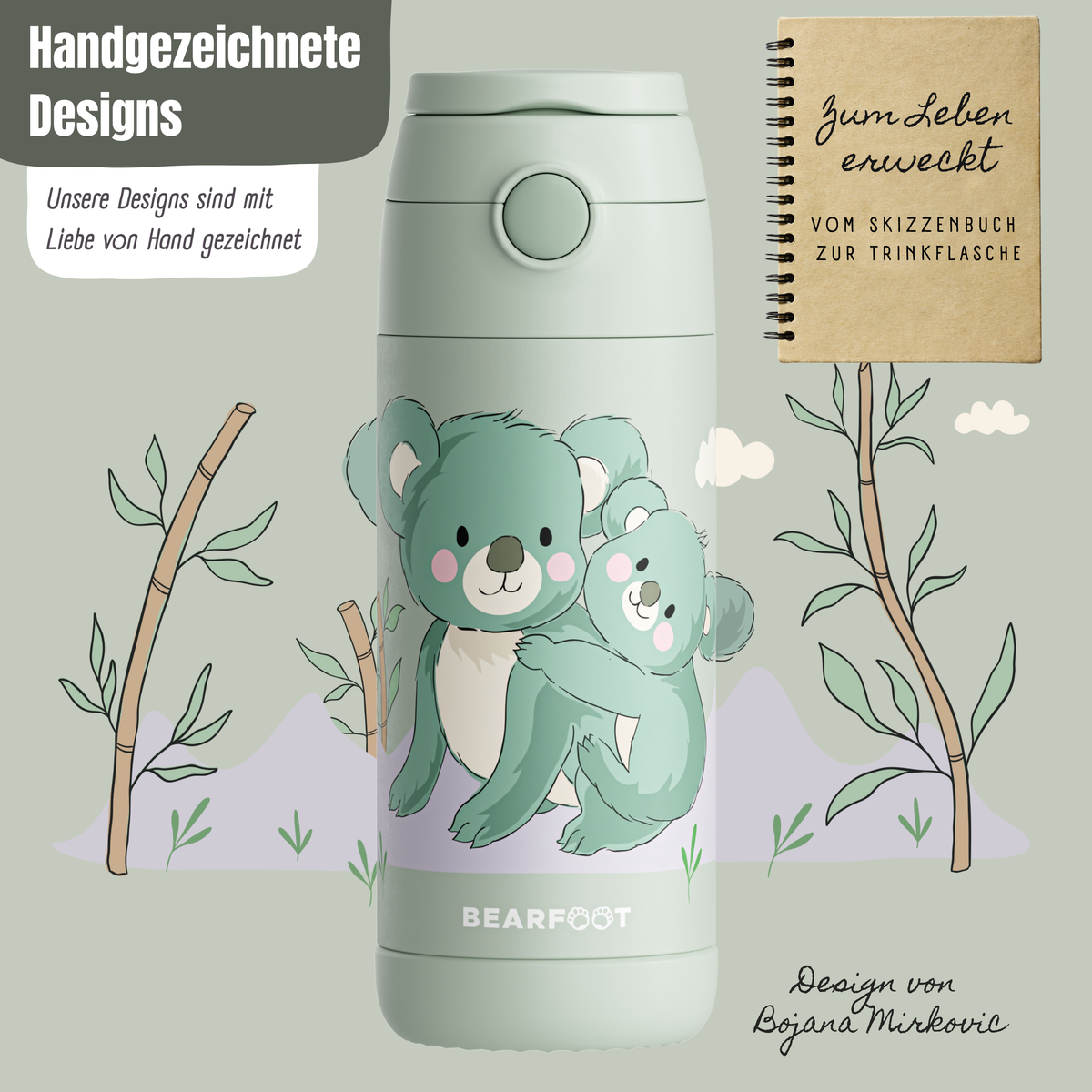 Bearfoot | Drikkeflaske i Rustfritt Stål, Isolert, 350 ml - Plastfri i Matkontakt | Grønn, Koala