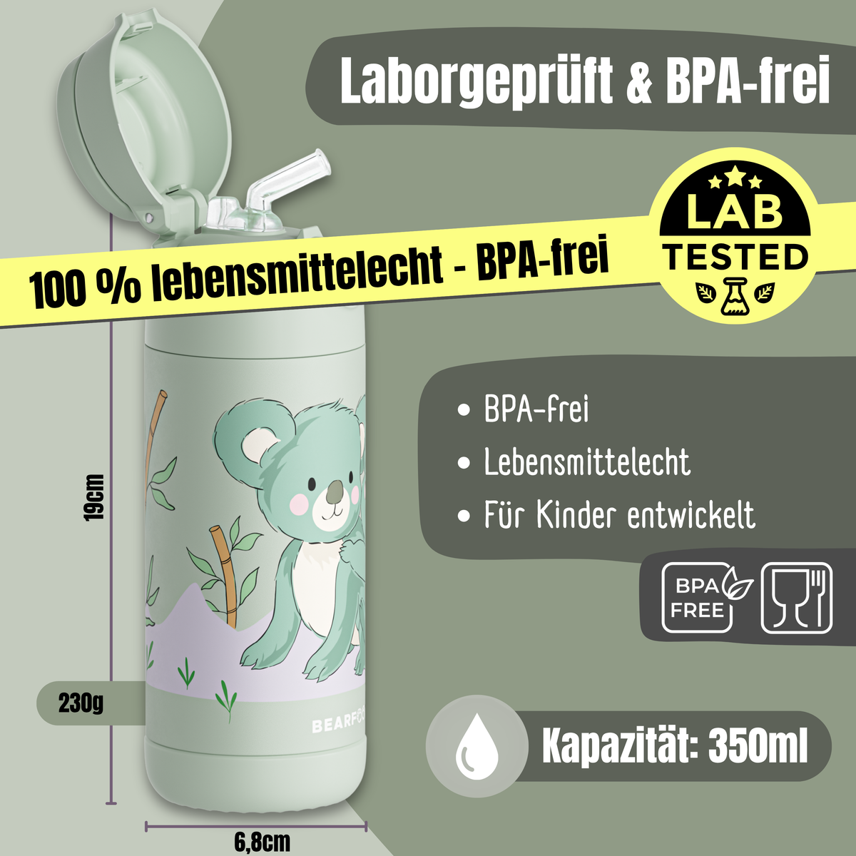Bearfoot | Drikkeflaske i Rustfritt Stål, Isolert, 350 ml - Plastfri i Matkontakt | Grønn, Koala