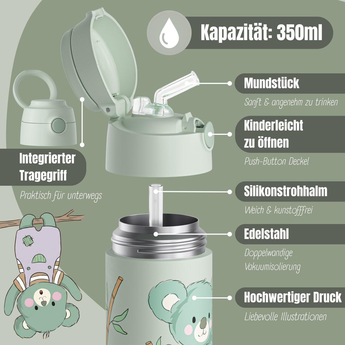 Bearfoot | Drikkeflaske i Rustfritt Stål, Isolert, 350 ml - Plastfri i Matkontakt | Grønn, Koala
