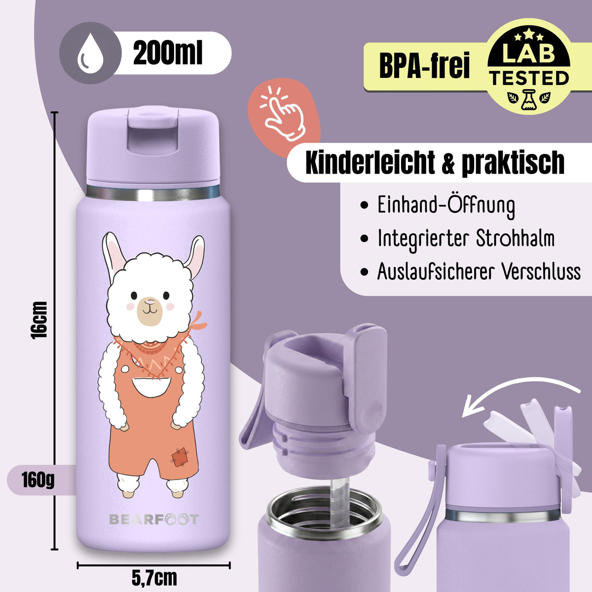 Bearfoot | Drikkeflaske i Rustfritt Stål, Isolert, TINY 200 ml | Lilla, Lama
