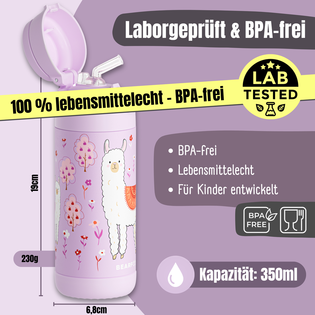 Bearfoot | Drikkeflaske i Rustfritt Stål, Isolert, 350 ml - Plastfri i Matkontakt | Lilla, Lama