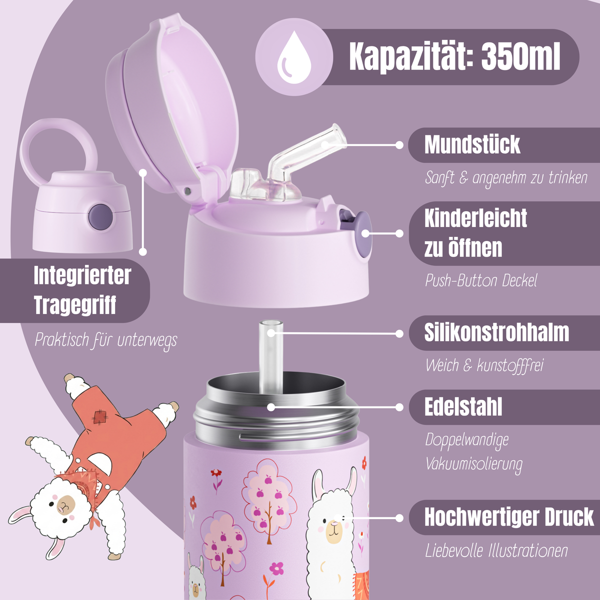 Bearfoot | Drikkeflaske i Rustfritt Stål, Isolert, 350 ml - Plastfri i Matkontakt | Lilla, Lama