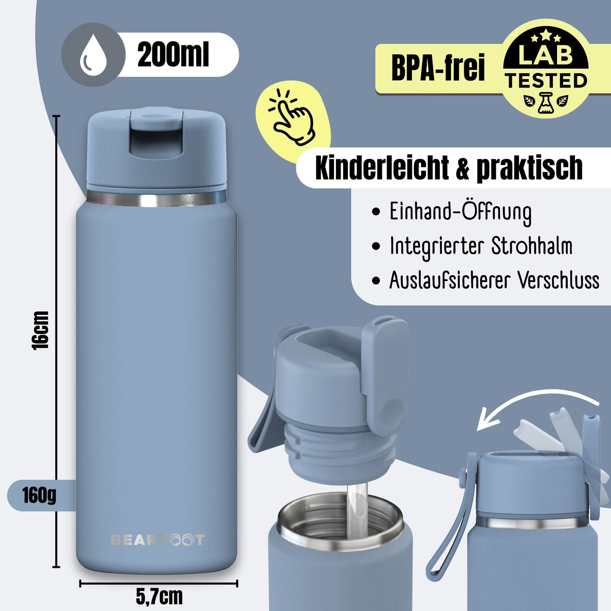 Bearfoot | Drikkeflaske i Rustfritt Stål, Isolert, TINY 200 ml | Blå