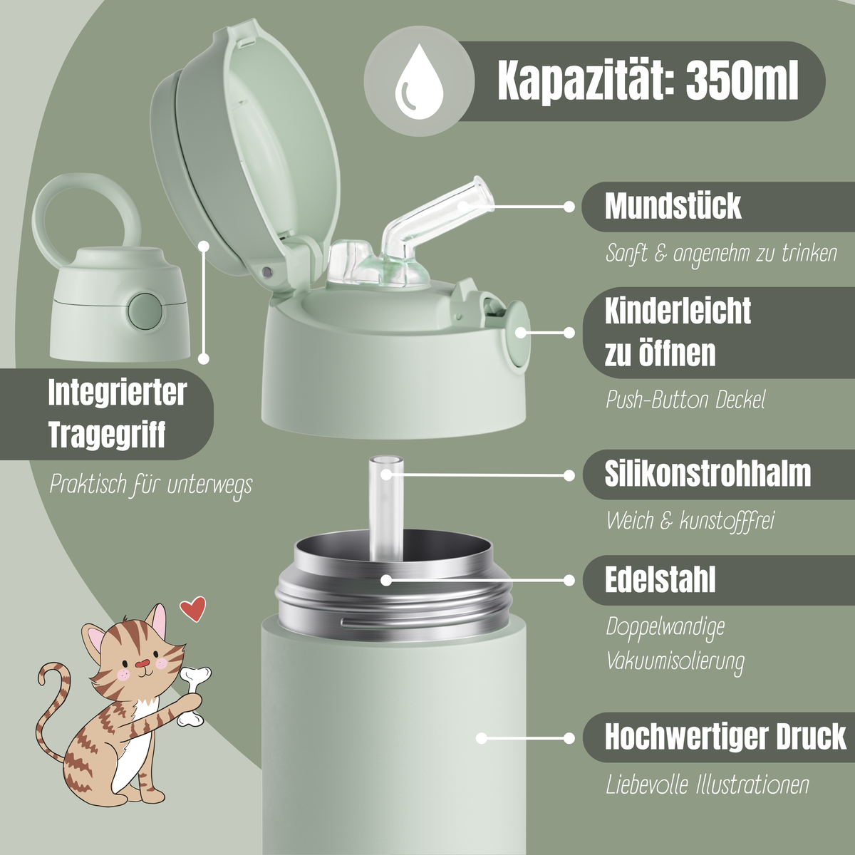 Bearfoot | Drikkeflaske i Rustfritt Stål, Isolert, 350 ml - Plastfri i Matkontakt | Grønn