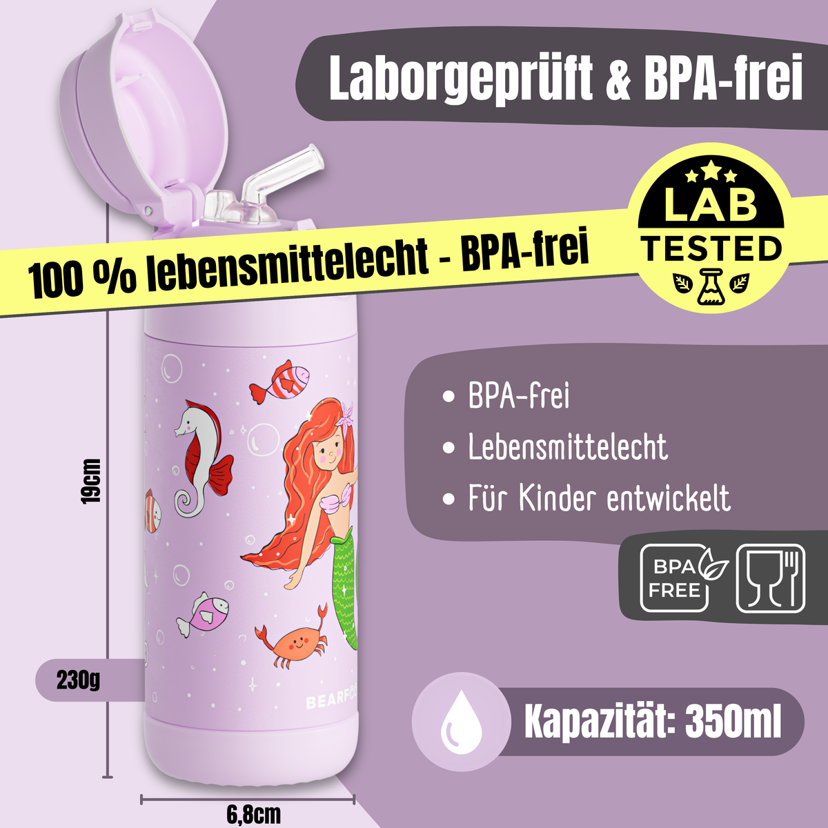 Bearfoot | Drikkeflaske i Rustfritt Stål, Isolert, 350 ml - Plastfri i Matkontakt | Lilla, Havfrue