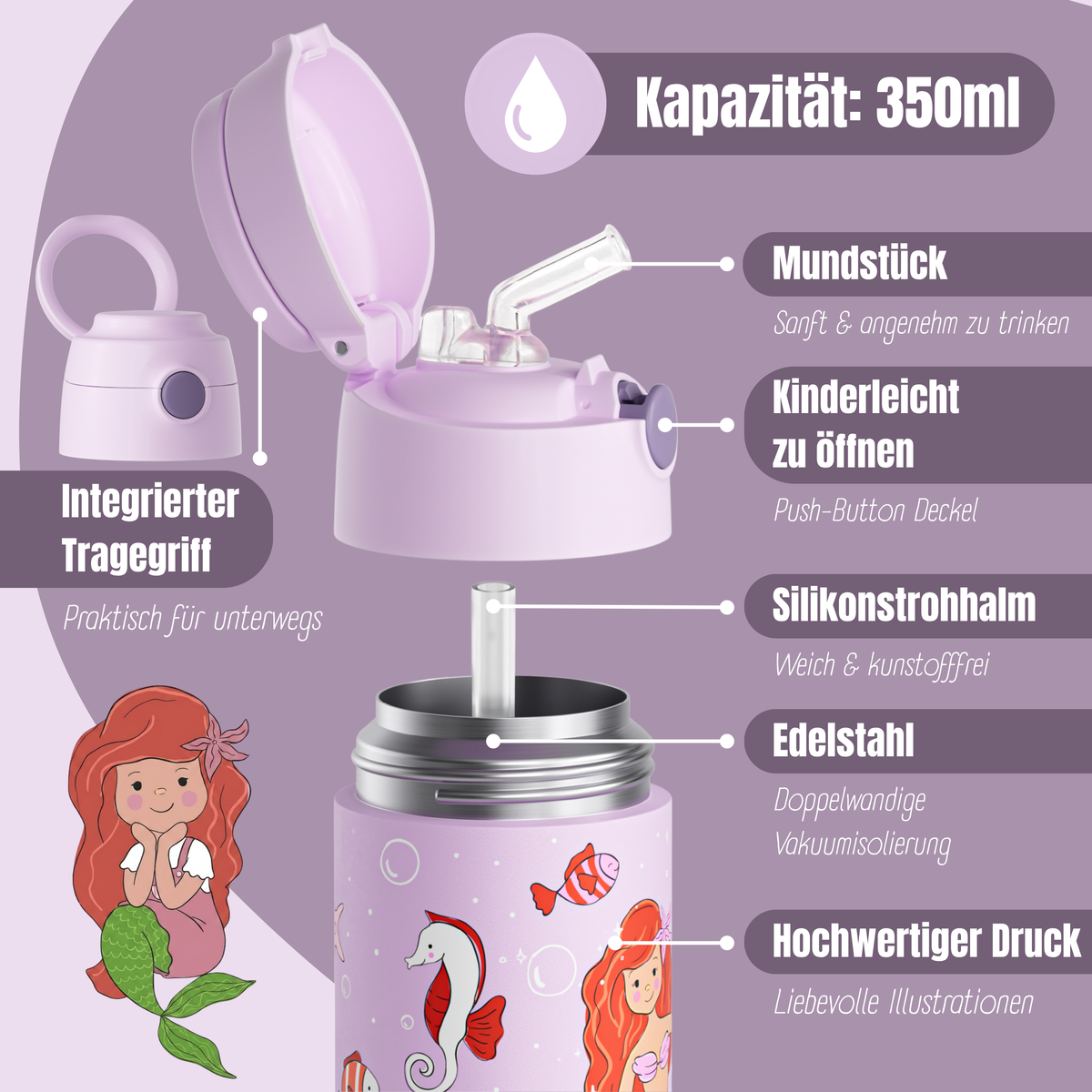 Bearfoot | Drikkeflaske i Rustfritt Stål, Isolert, 350 ml - Plastfri i Matkontakt | Lilla, Havfrue