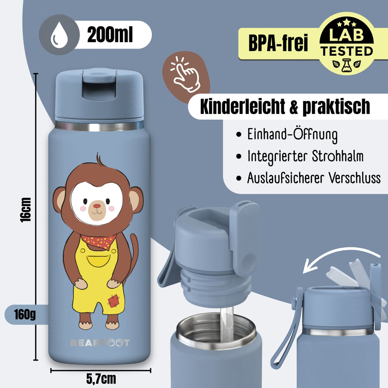 Bearfoot | Drikkeflaske i Rustfritt Stål, Isolert, TINY 200 ml | Blå, Apekatt