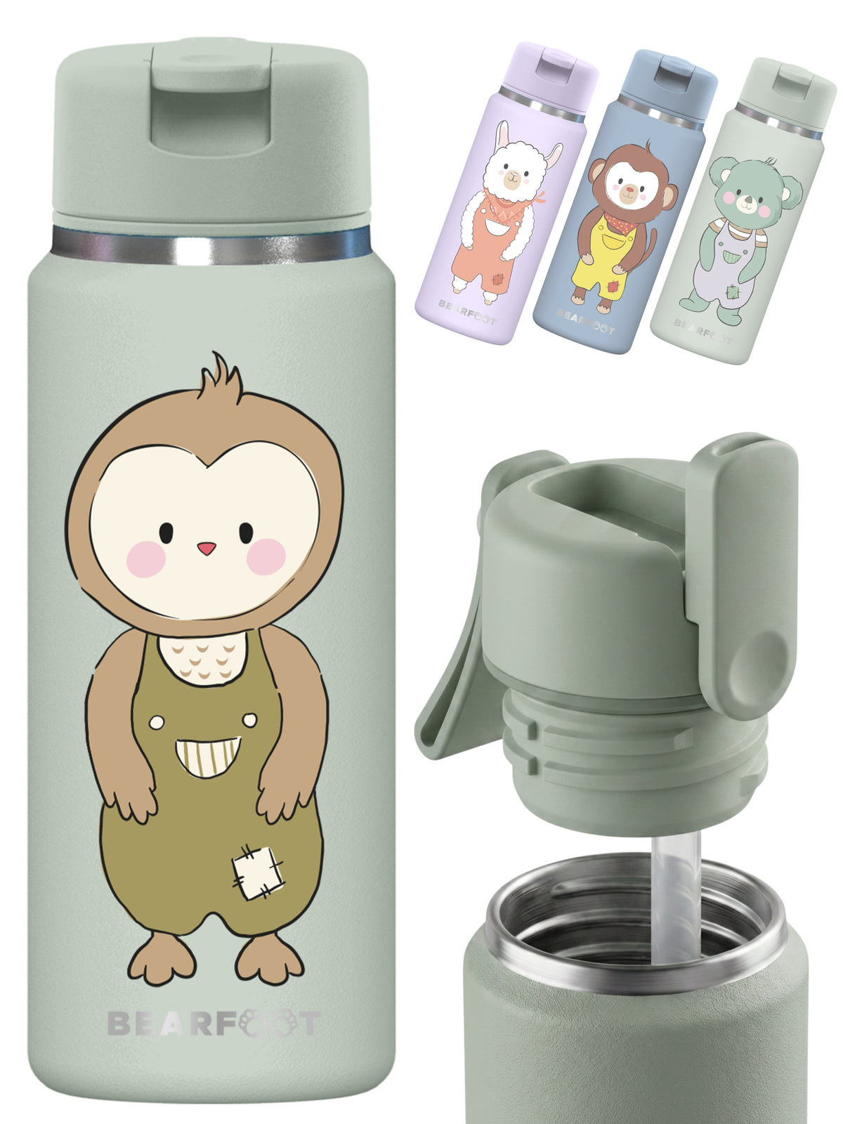 Bearfoot | Drikkeflaske i Rustfritt Stål, Isolert, TINY 200 ml | Grønn, Ugle