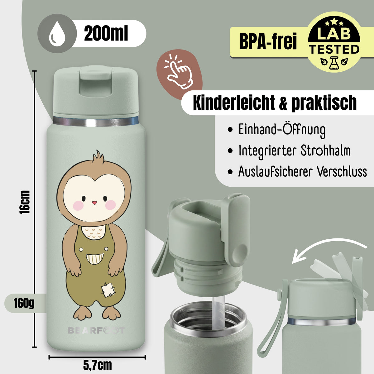 Bearfoot | Drikkeflaske i Rustfritt Stål, Isolert, TINY 200 ml | Grønn, Ugle