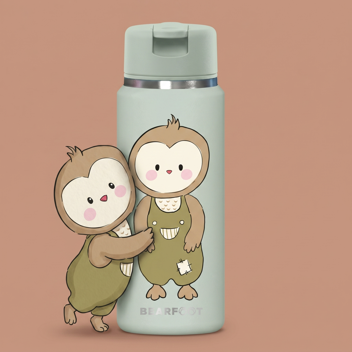 Bearfoot | Drikkeflaske i Rustfritt Stål, Isolert, TINY 200 ml | Grønn, Ugle